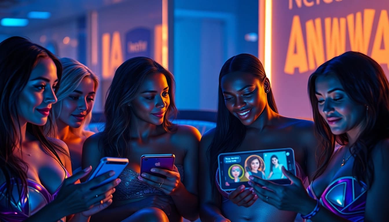 Engaging individuals exploring diverse ai nsfw chat platforms in a futuristic setting with holographic displays and inviting atmosphere.