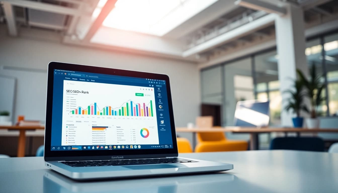 Analyze SEO Rank metrics through an engaging dashboard in a modern office.