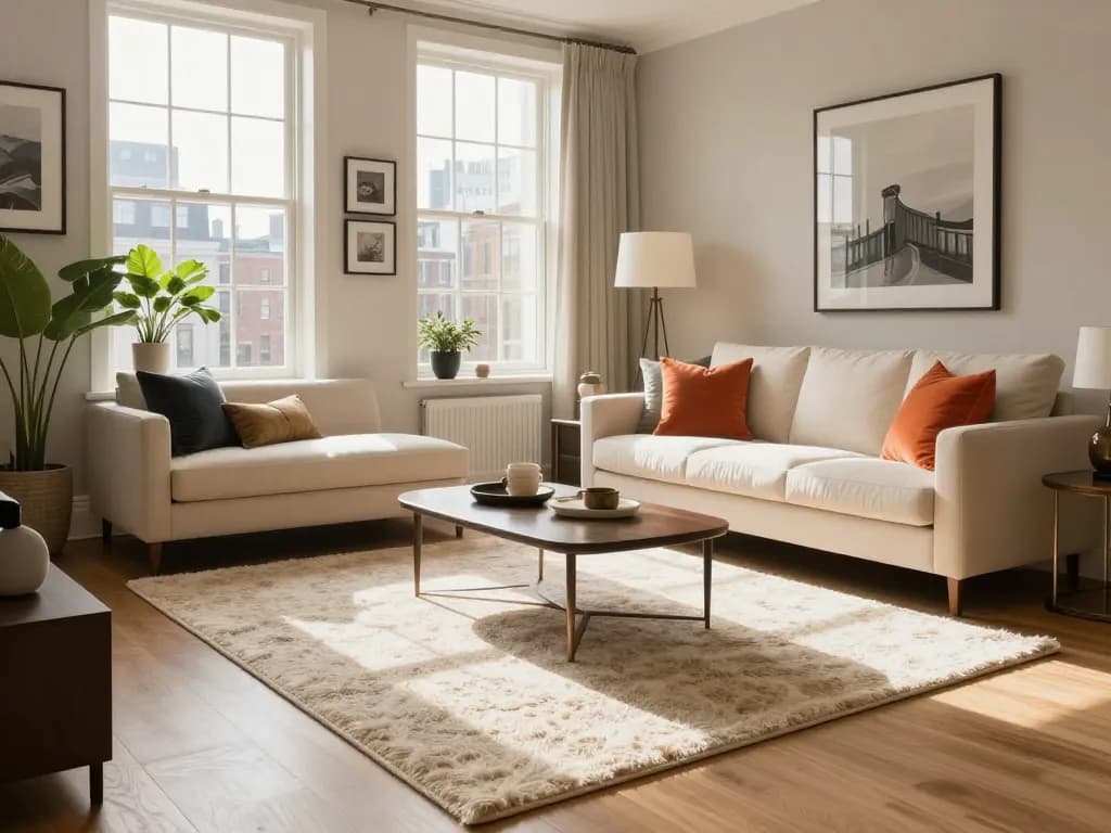 Luxury carpets London complementing a stylish living room with elegant furnishings and warm sunlight.