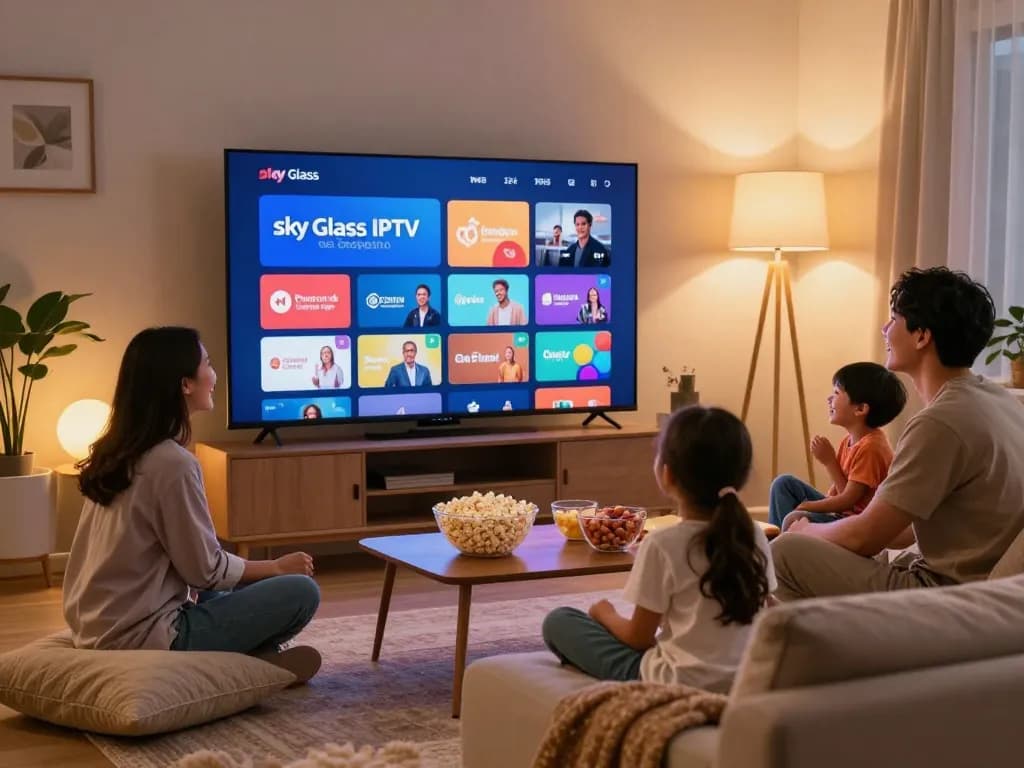 Sky Glass IPTV Subscription enhancing family movie nights with vibrant streaming options in a cozy living room.