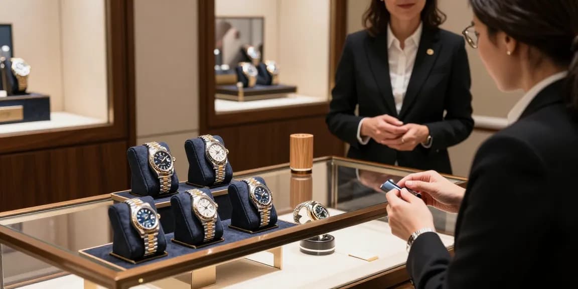 Showcasing rolex super clone watches in a luxury boutique with detailed craftsmanship.