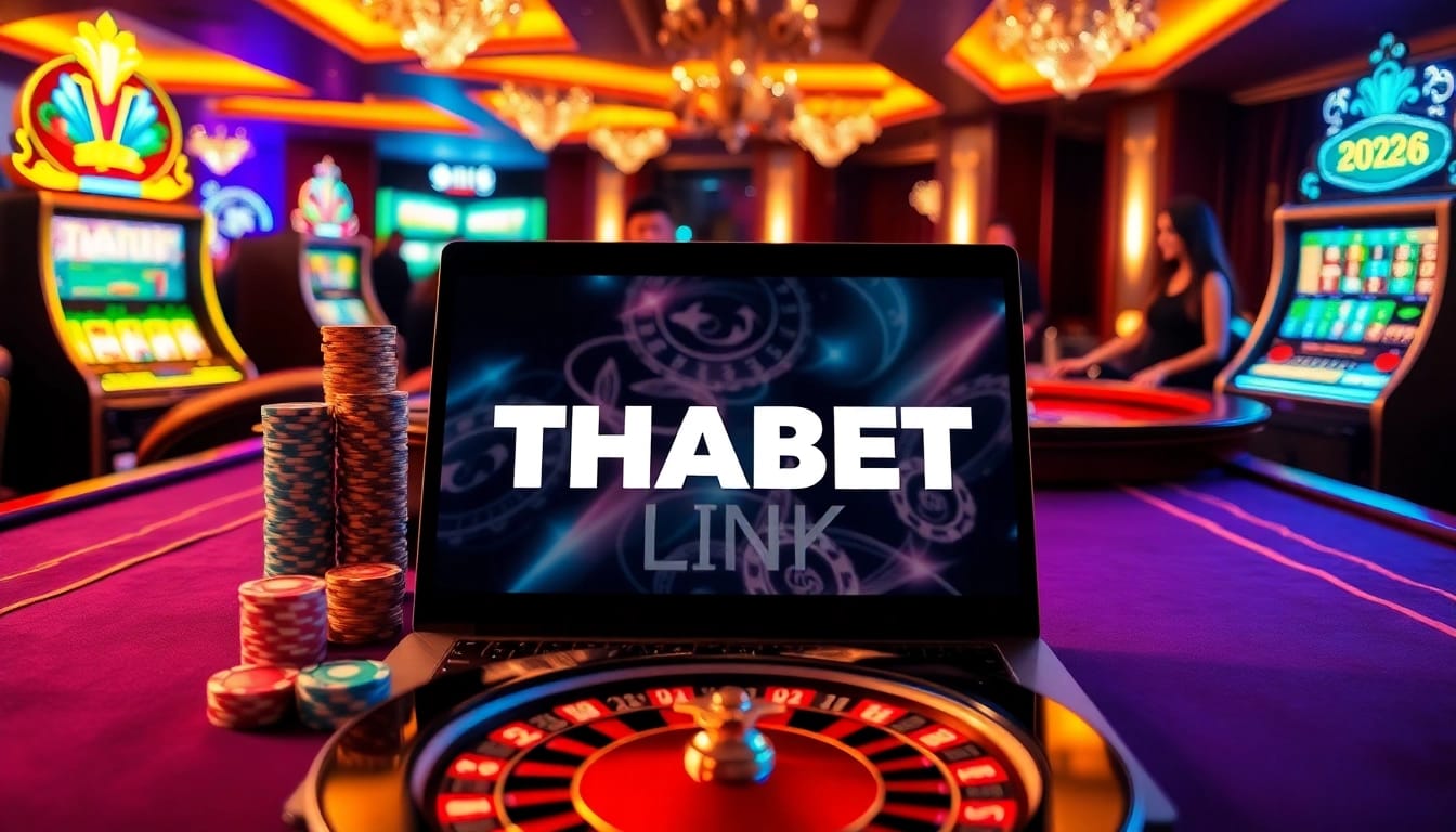 Engaging scene featuring THABET link with vibrant casino elements like poker chips and slot machines.