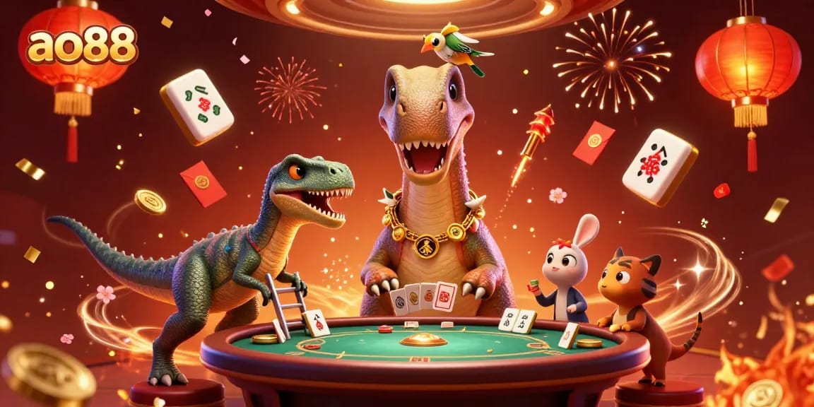 Join the excitement at ao88 with this vibrant casino scene featuring dinosaurs and whimsical game elements.