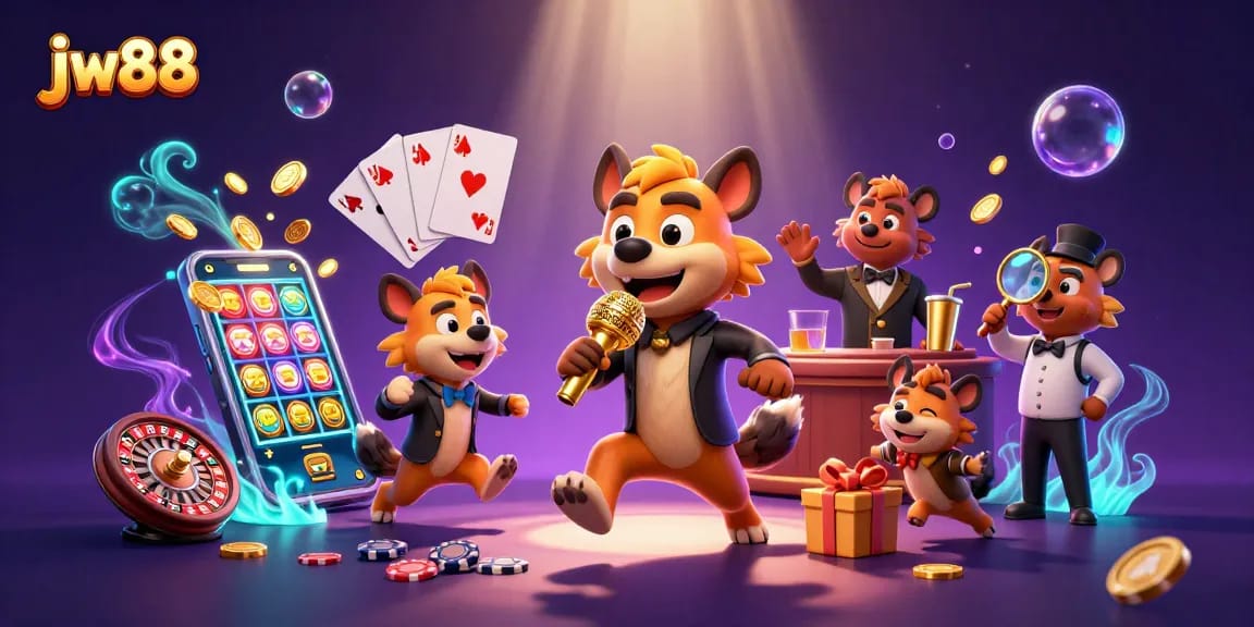 Experience thrills at JW88 with lively hyenas, casino games, and vibrant colors.