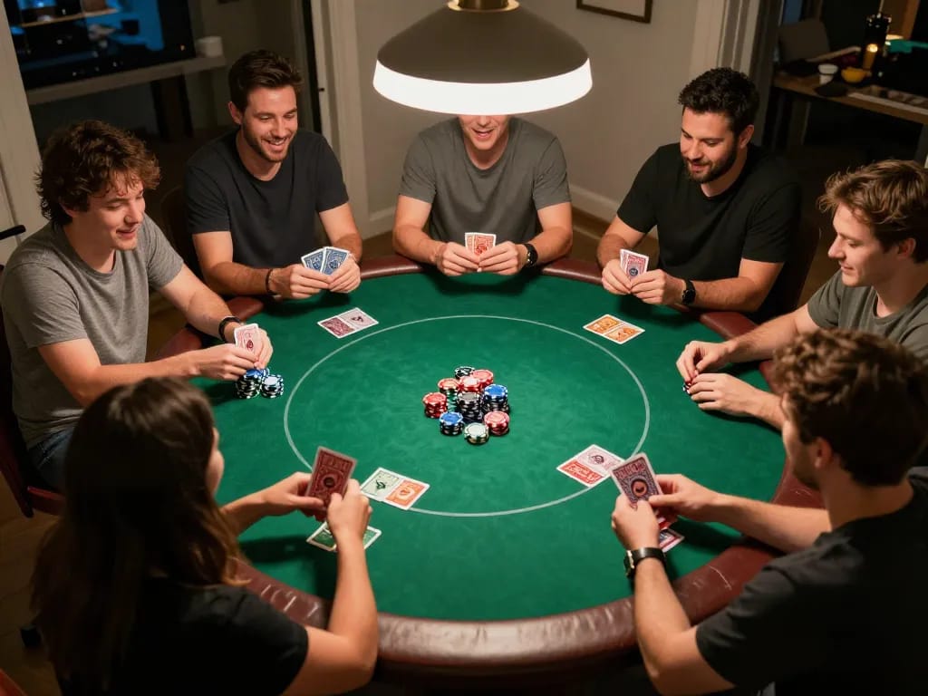 Friends enjoying a lively poker night with 98win themed games, showcasing the excitement of friendly competition.