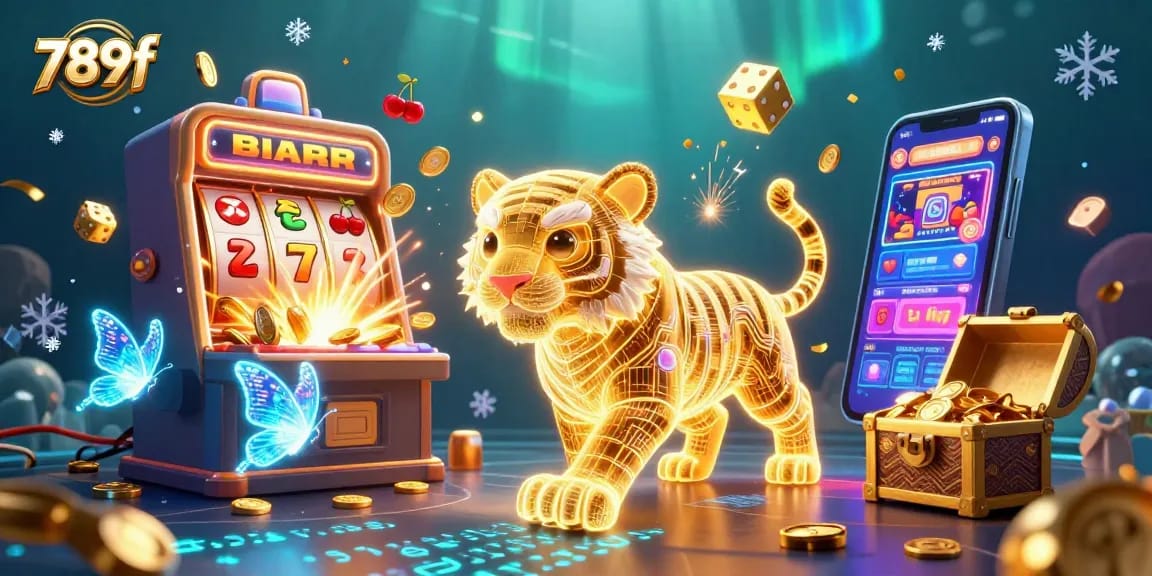 Experience the thrilling world of 789f with a dynamic 3D illustration showcasing a neon tiger in a vibrant casino landscape, surrounded by rich gaming elements.