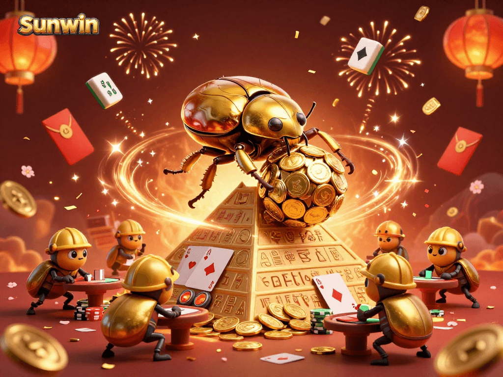Experience the excitement of sunwin with golden beetles, cards, and festive decorations.