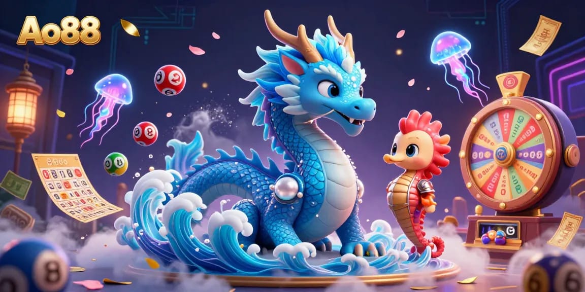 Experience Ao88's vibrant gaming scene with an azure dragon, knight, and colorful lottery elements.