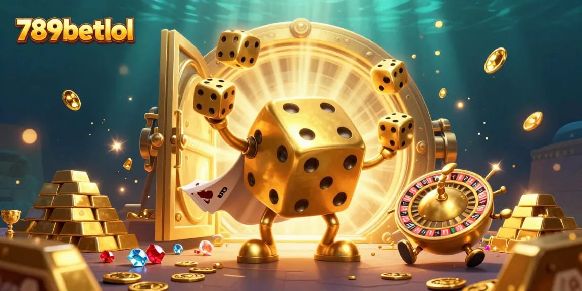 Engaging scene showcasing 789betlol with a golden dice golem and treasure elements, perfect for online gaming.
