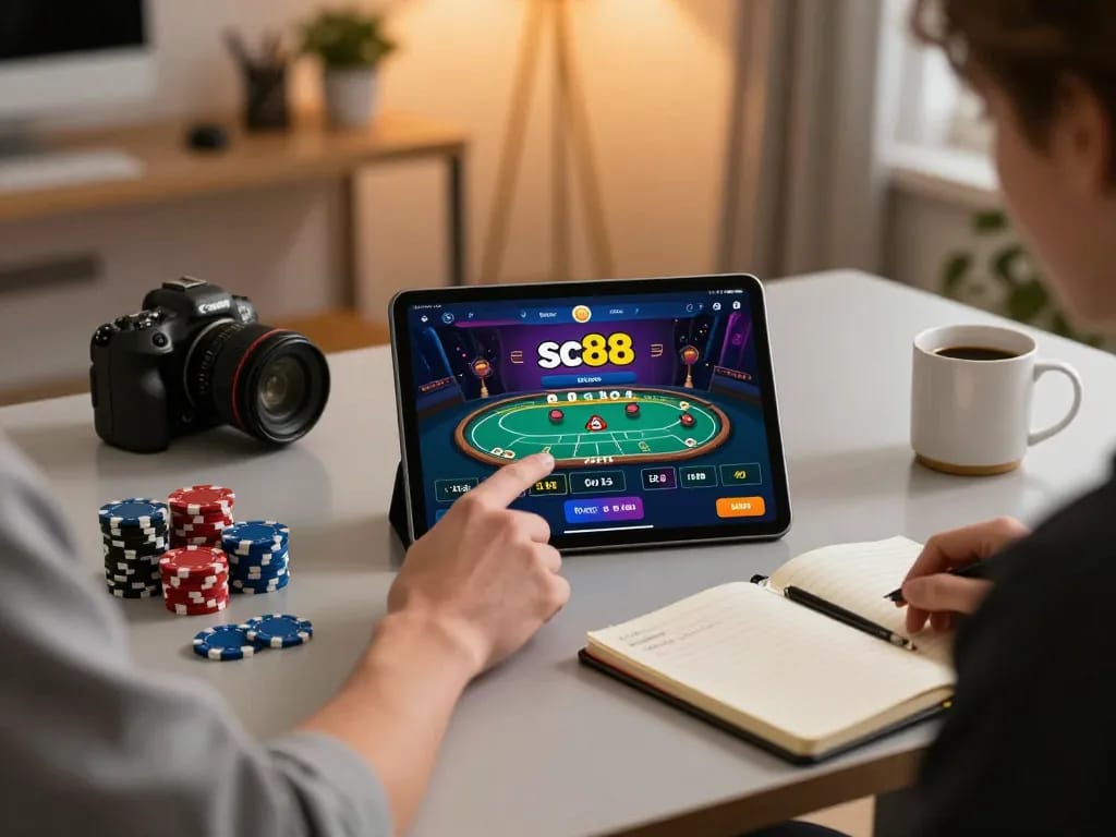Player engaging with the sc88 app on a tablet, exploring casino games in a cozy home environment.