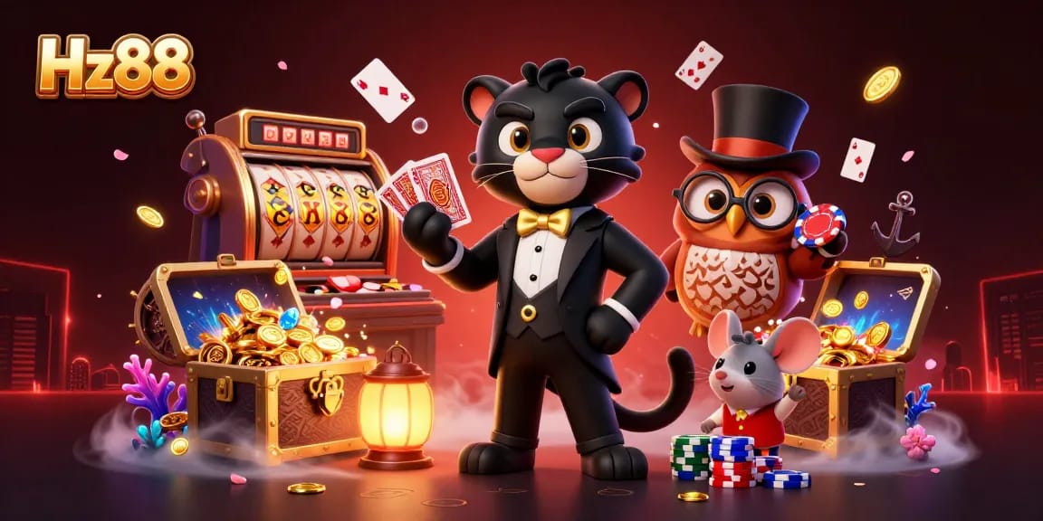 Join the fun at Hz88 with a stylish panther dealing cards amid captivating casino elements!