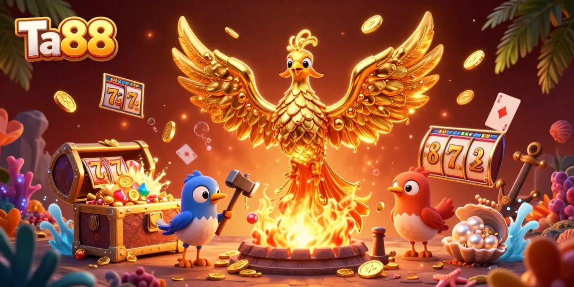 Experience thrilling wins at Ta88 with a dynamic scene of winning slot symbols and golden phoenix rewards.