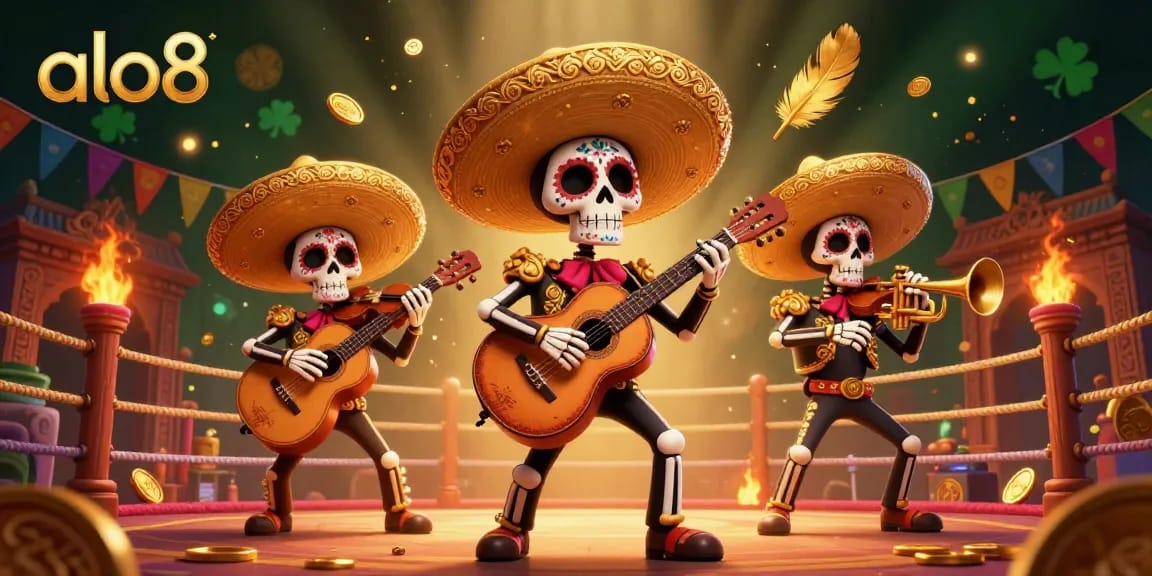 Engage with the vibrant world of alo8 as mariachis celebrate in a dynamic casino scene filled with golden tokens.