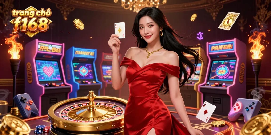 Experience the thrill of gaming at trang chủ f168 with vibrant casino elements and a confident dealer.