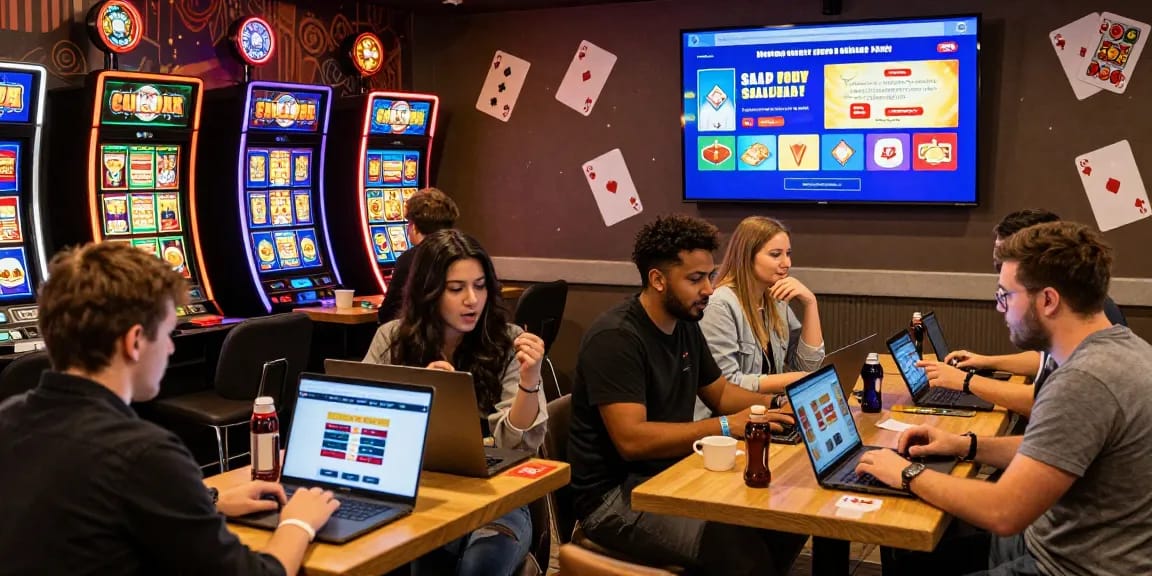 https://rcnhca.org.uk showcasing players enjoying non UK casinos in a lively café atmosphere