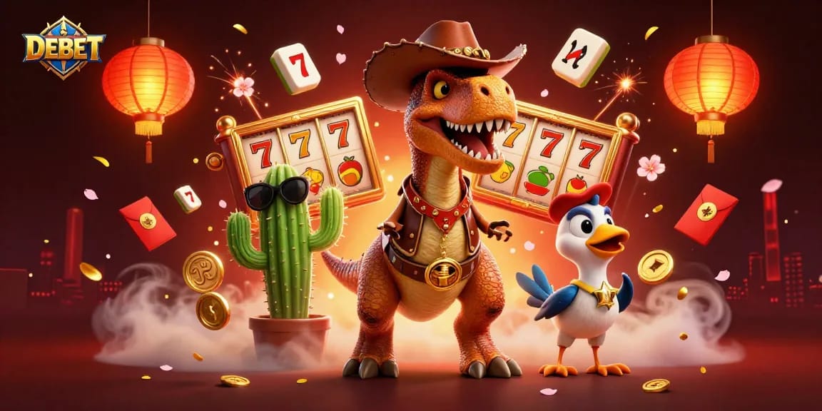 Engage in thrilling slots action with DEBET featuring a vibrant T-Rex and dynamic game elements.