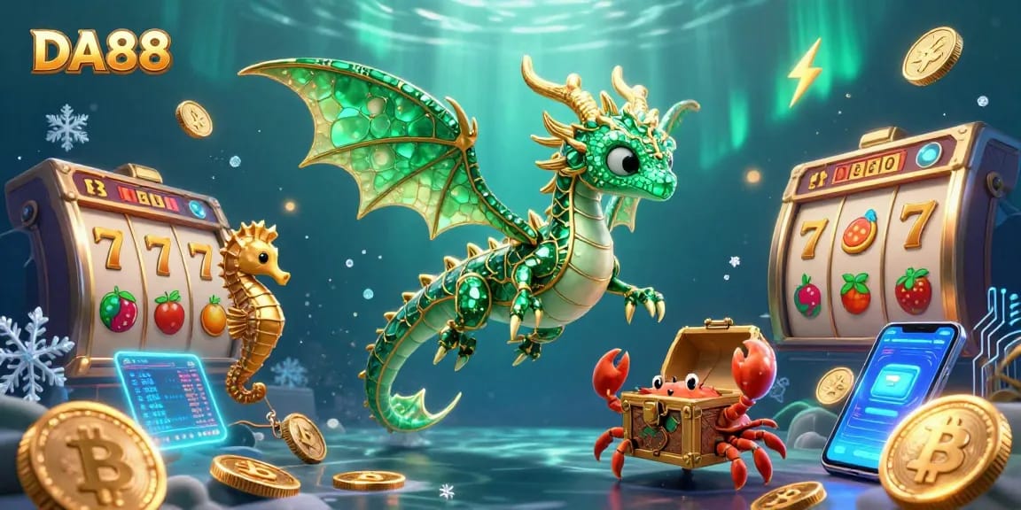 Enjoy the casino experience with the DA88 sea dragon amidst vibrant slot reels and crypto elements.