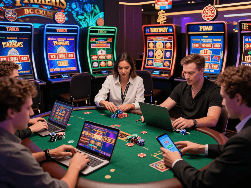 Engaged players enjoying various games at american online casinos in a vibrant virtual setting.