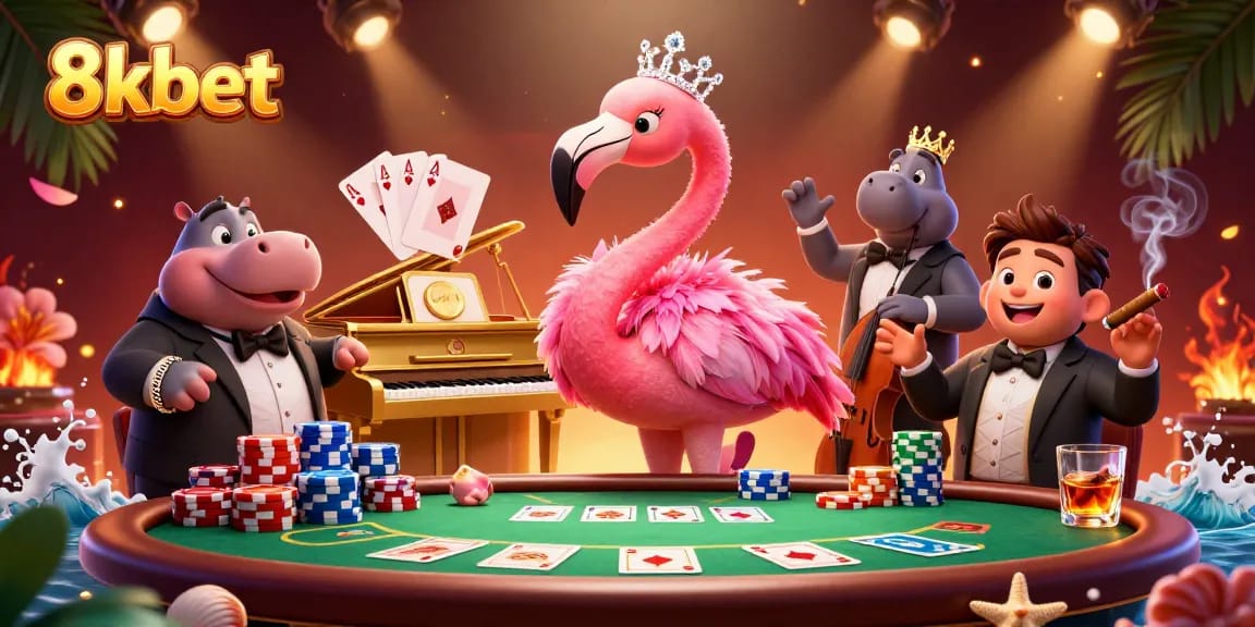 Experience the thrill of 8xbet with a vibrant casino scene featuring a flamingo singer and hippo bassist.