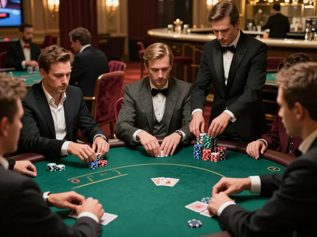 Engaging poker players strategizing over DU88 chips in an upscale casino.