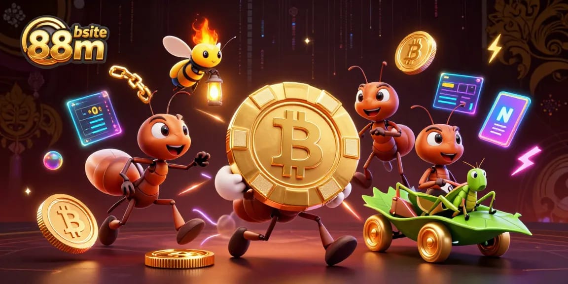 Experience thrilling moments with the website 88m as animated ants transport a giant chip in a vibrant casino setting.
