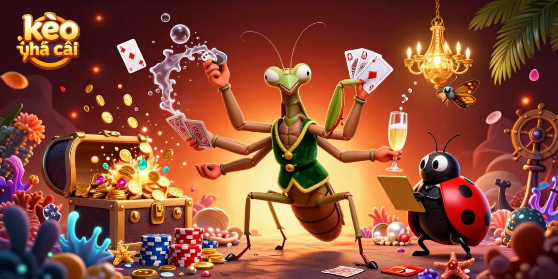 Engage with kèo nhà cái as cartoon characters depict thrilling betting actions amidst vibrant casino elements.