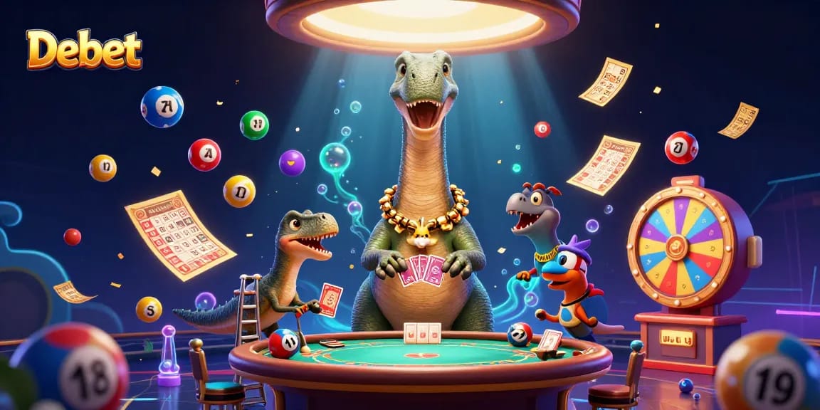 Experience thrilling gaming with Debet, featuring a giant brontosaurus and vibrant casino elements.