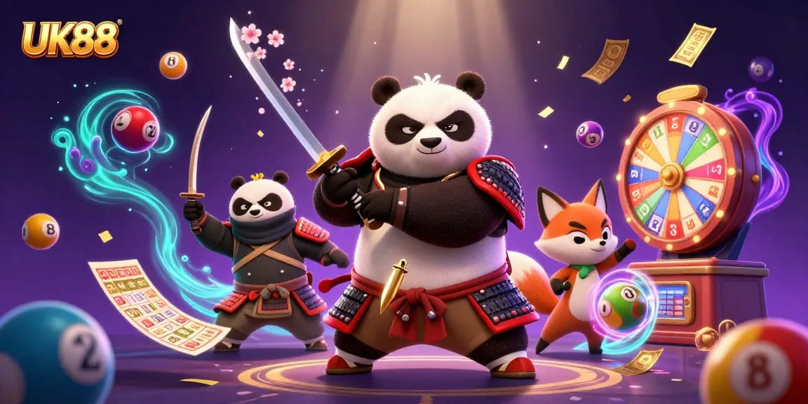Engage in the thrilling world of UK88 with a dynamic scene featuring a samurai panda and magical elements.
