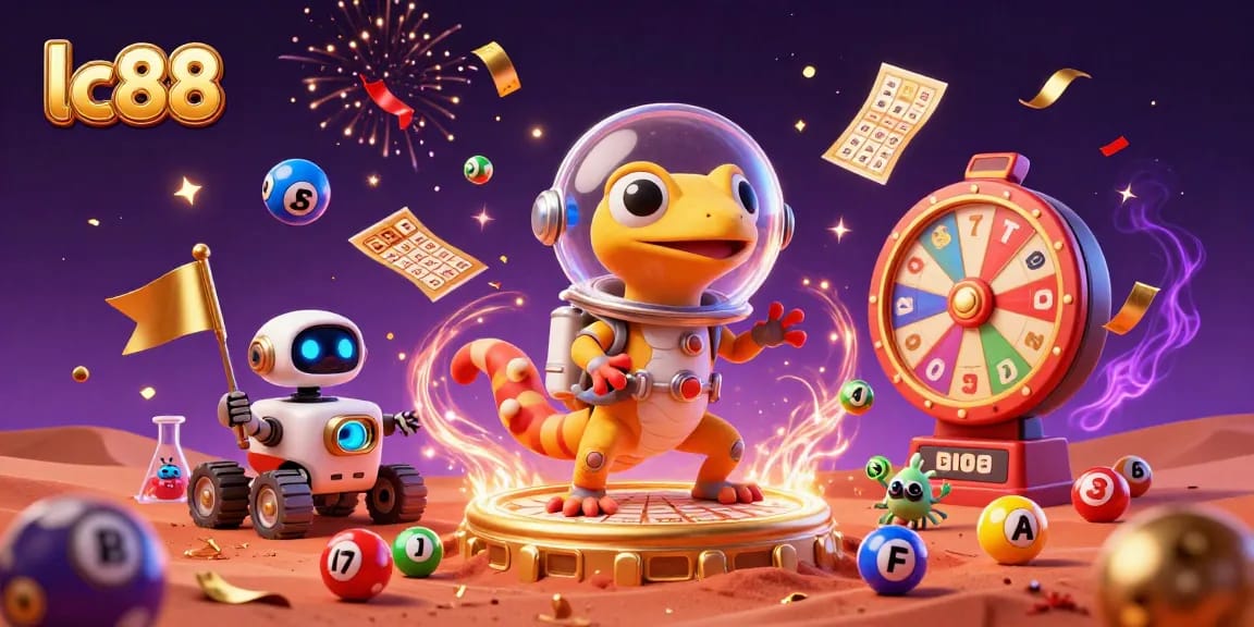 Engage in thrilling casino games at lc88 with a vibrant, dynamic illustration featuring festive elements.
