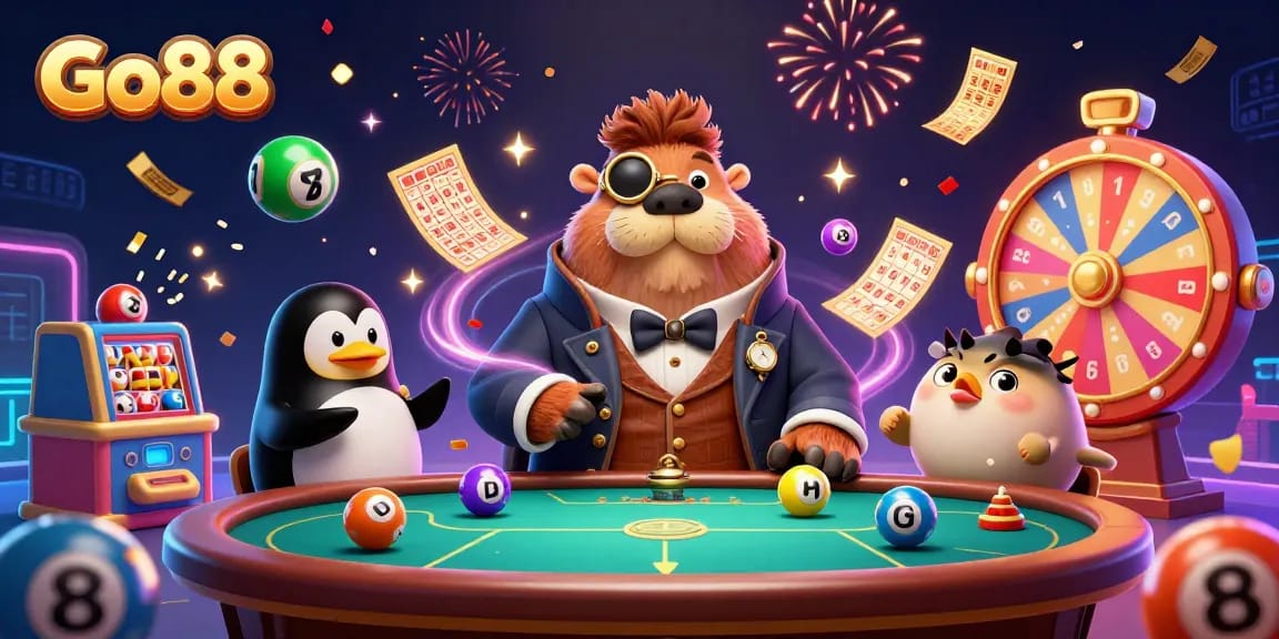 Go88's vibrant gaming scene features a walrus and friends in a thrilling underwater poker game.