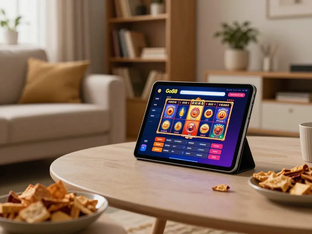 Engaging with Go88 casino slots on a tablet in a cozy home gaming setup