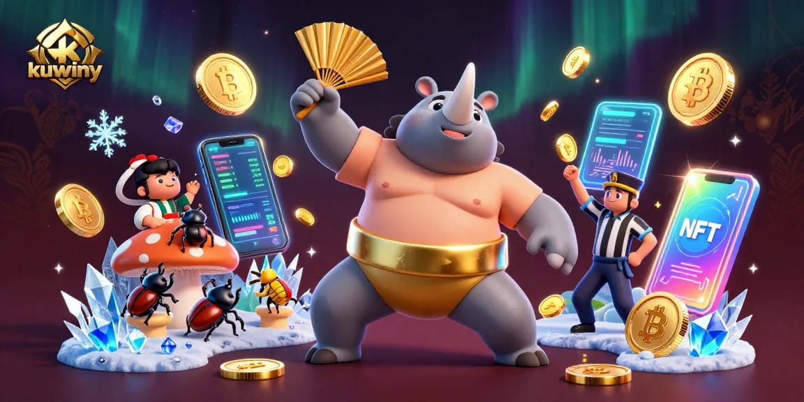 kuwiny showcases thrilling gaming action, featuring a rhinoceros beetle champion amidst flying coins and vibrant elements.