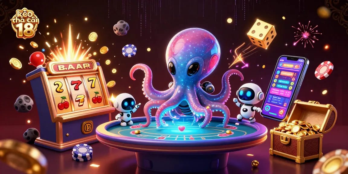 Engage with kèo nhà cái 18 at the vibrant cosmic casino experience with a playful octopus and its robot friend.