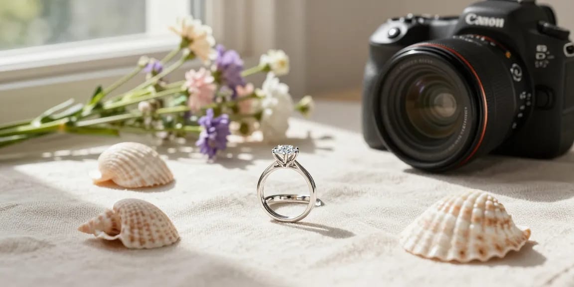 lab grown diamond engagement ring UK sparkling on natural linen cloth surrounded by seashells and flowers