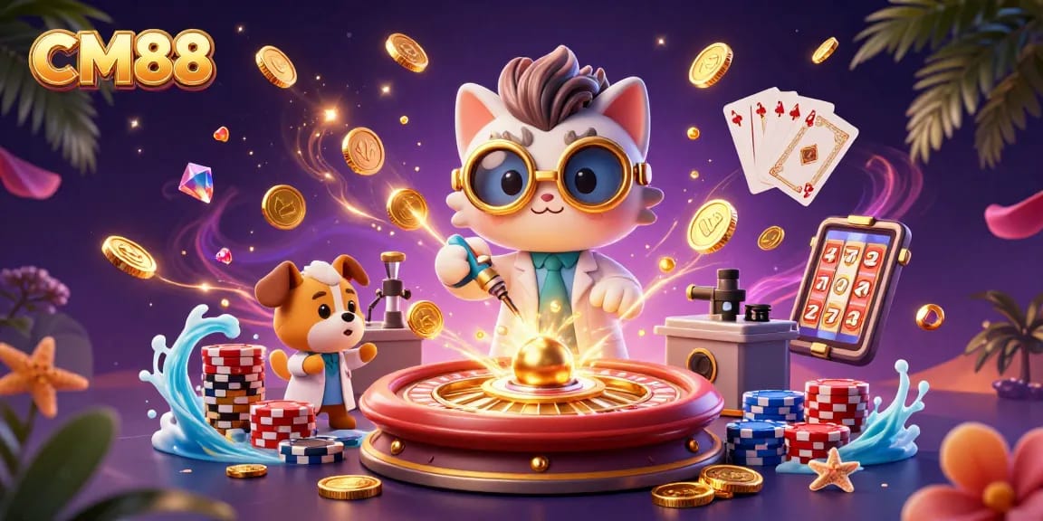 CM88 cat scientist creating gold coins while the dog assistant helps in a vibrant casino lab.