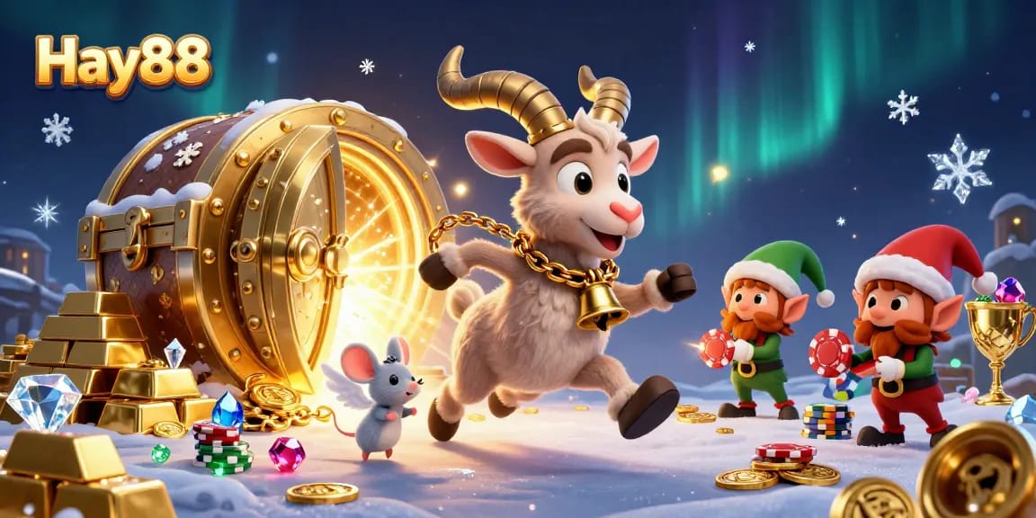Hay88 captures the excitement of a holiday-horror casino with gremlins stealing poker chips amidst treasure.