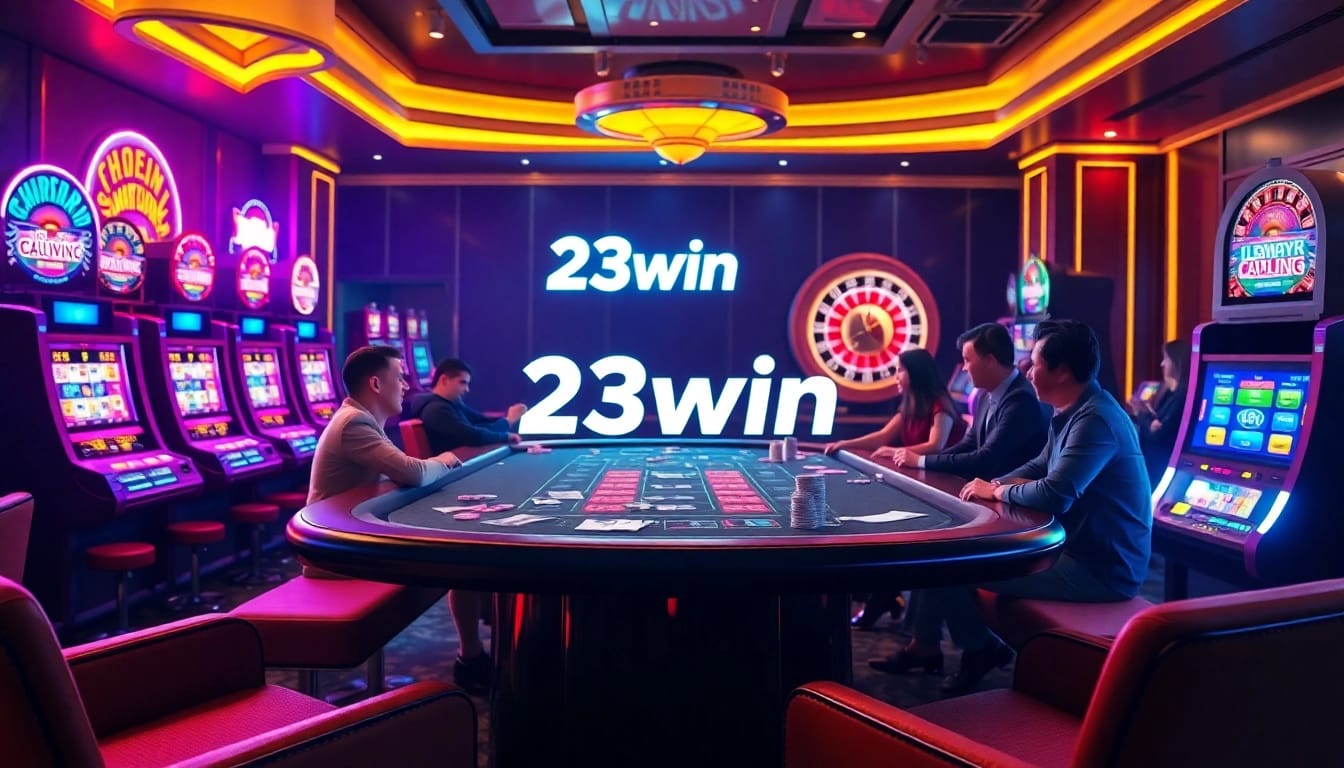 Experience thrilling poker action at 23win's luxurious casino, with vibrant slot machines and a spinning roulette.