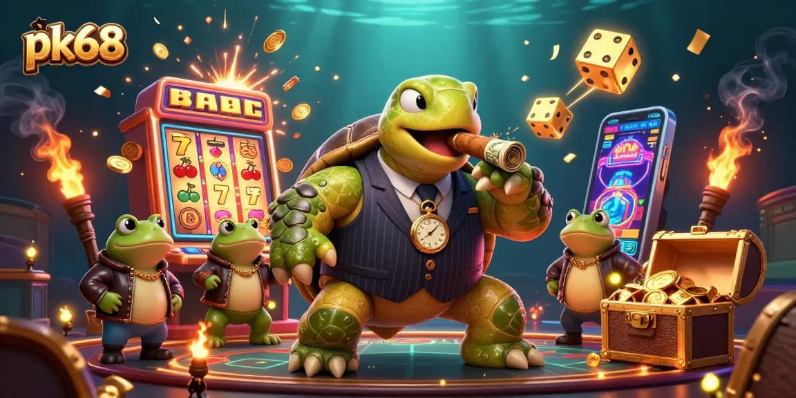 pk68 casino illustration featuring a snapping turtle and bullfrog enforcers surrounded by slot machines.