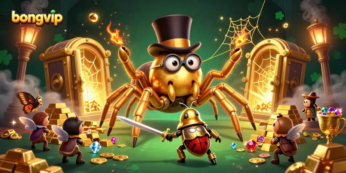 Bongvip engages players with a vibrant 3D casino scene featuring a golden tarantula and a knight.