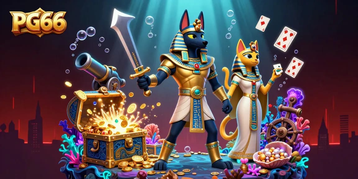 Engage with PG66's vibrant 3D scene featuring an Anubis warrior and casino elements like cards and treasures.