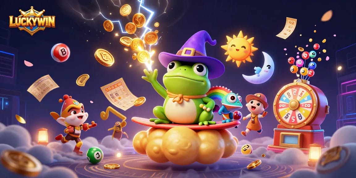 Experience the thrill of LUCKYWIN with vibrant scenes filled with golden coins and lottery excitement.