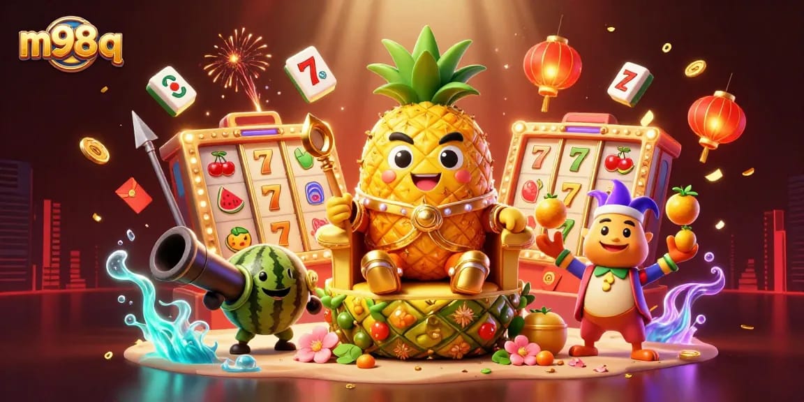 Engage with m98 q at the vibrant beach casino featuring a golden pineapple king and playful elements.