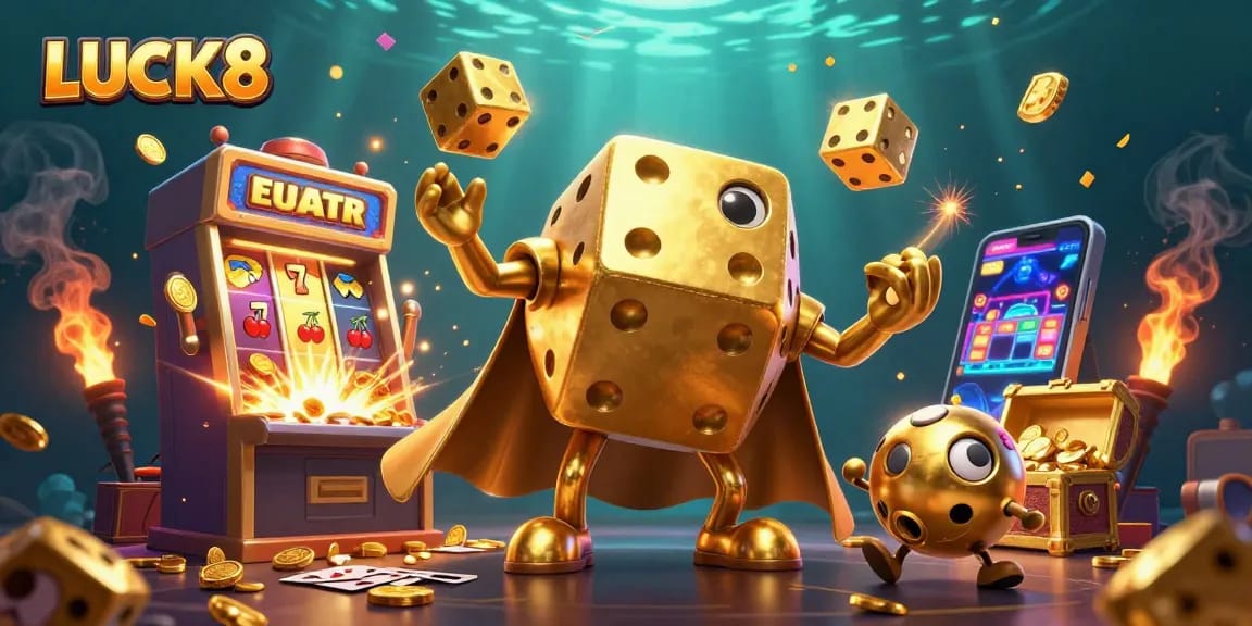 LUCK8 invites players to experience thrilling jackpots with dynamic golden dice and vibrant casino elements.