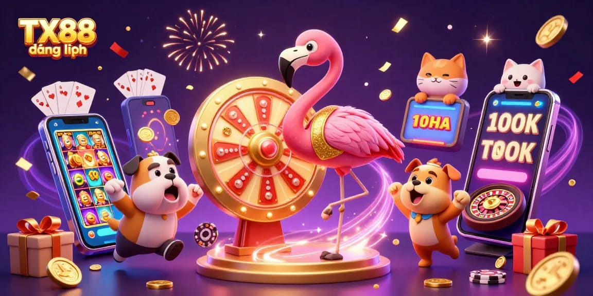 Experience the excitement of TX88 đăng nhập with a vibrant casino scene featuring characters and gaming elements.