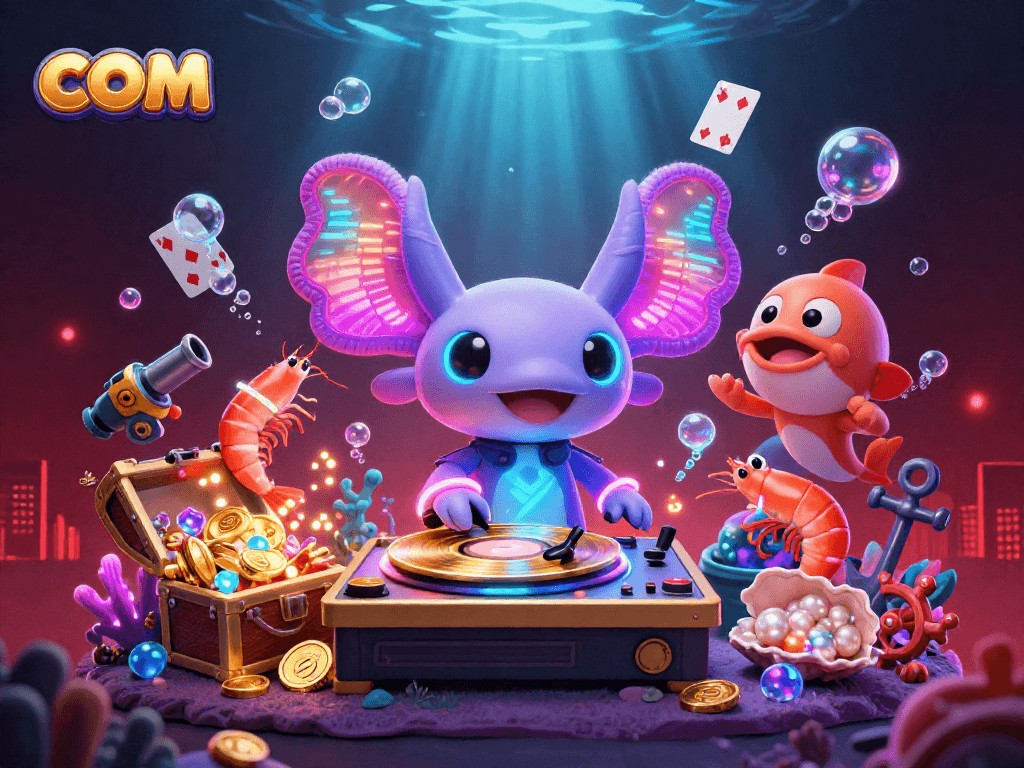 Engage with com by spinning golden records in a vibrant underwater casino scene filled with treasures.