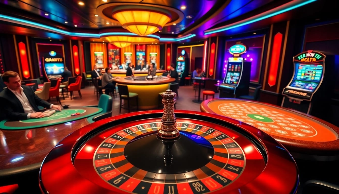 Engaging players at Goal123 celebrate wins around casino tables, showcasing vibrant gaming action.