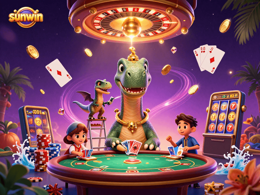 Experience thrilling gameplay with sunwin as the brontosaurus oversees a lively casino scene.