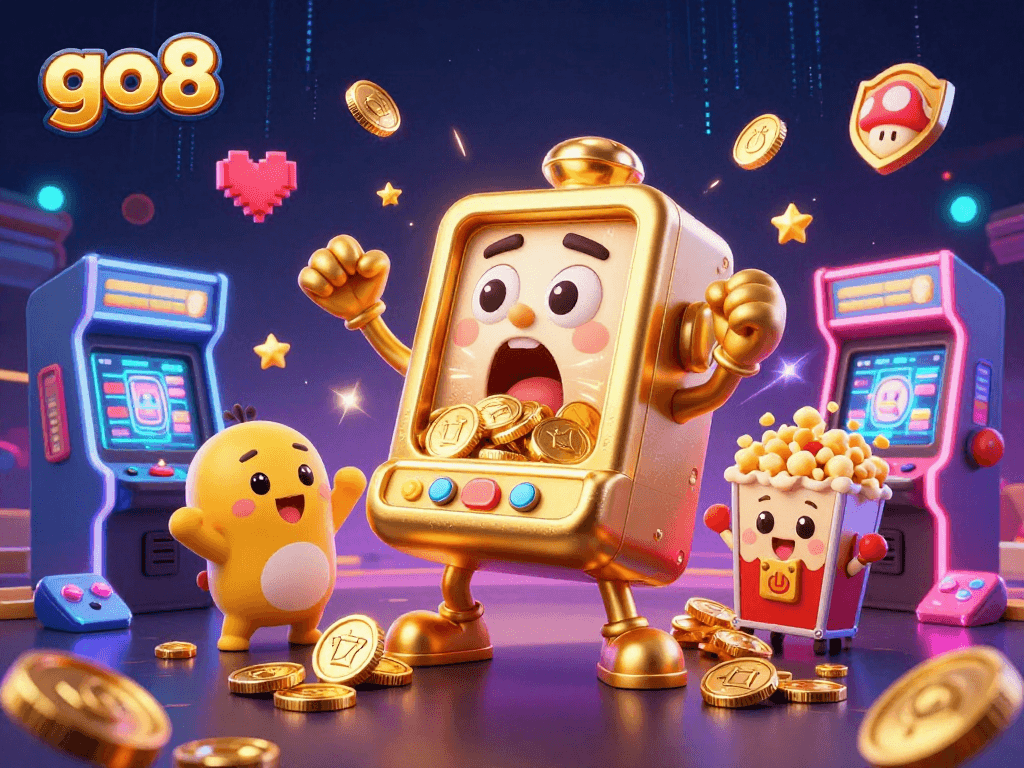 Experience thrilling wins at go8 with a dynamic 3D illustration featuring excited golden slot machines.