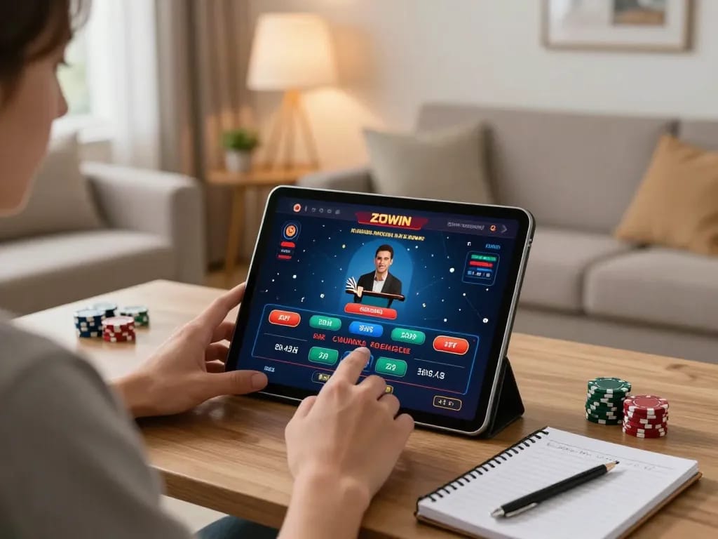 ZOWIN user plays live dealer game on tablet in stylish home setup, promoting responsible gambling.
