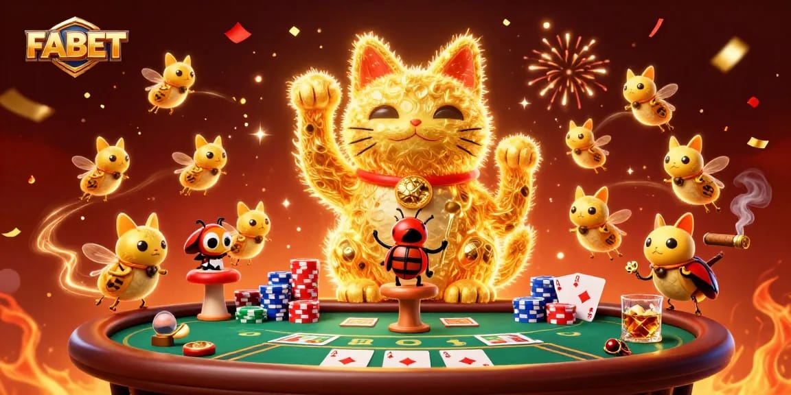 Experience the vibrant world of FABET with a lucky cat symbolizing good fortune amidst poker excitement